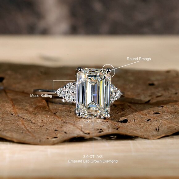 3.0 CT Emerald Cut Lab Grown Diamond Engagement Ring, - Picture 4 of 4